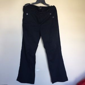Navy Banana Republic slacks with button detailing.